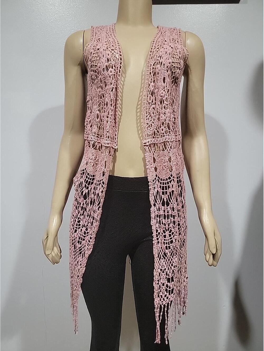 Questions, Women's Cardigan Vest Size M Crochet Dusty Rose Finged Open Front #1